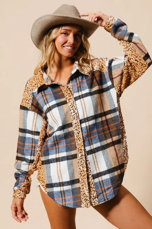 Curved Hem Sequin Plaid Button Up Shacket, image 4
