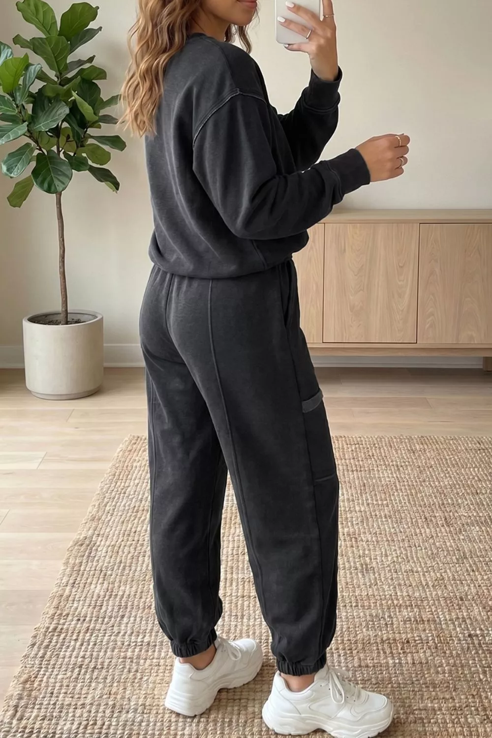 Crew Neck Long Sleeve Top and Joggers Set, image 2