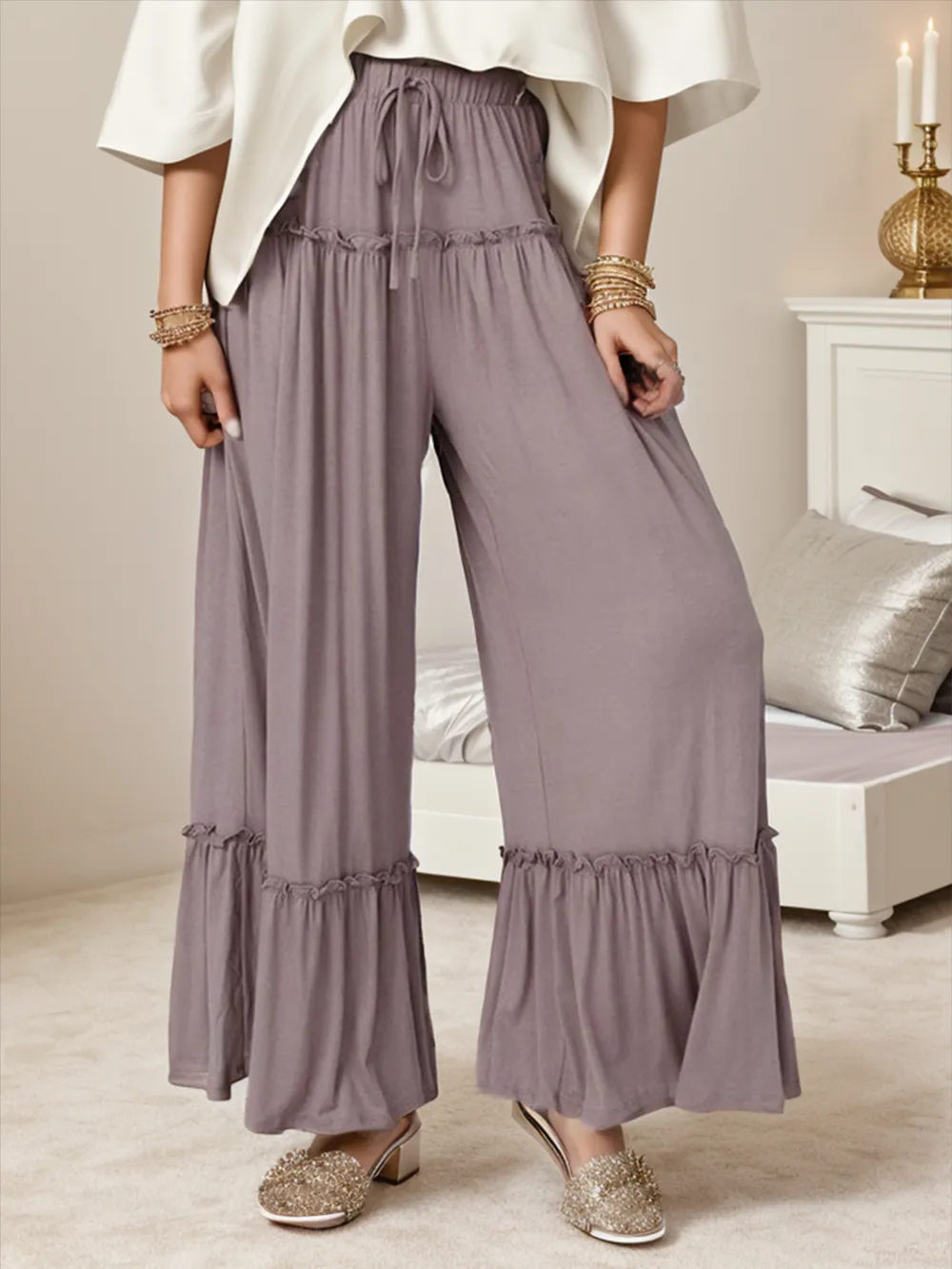 Wide Leg Ruffle Trim Pants, image 4