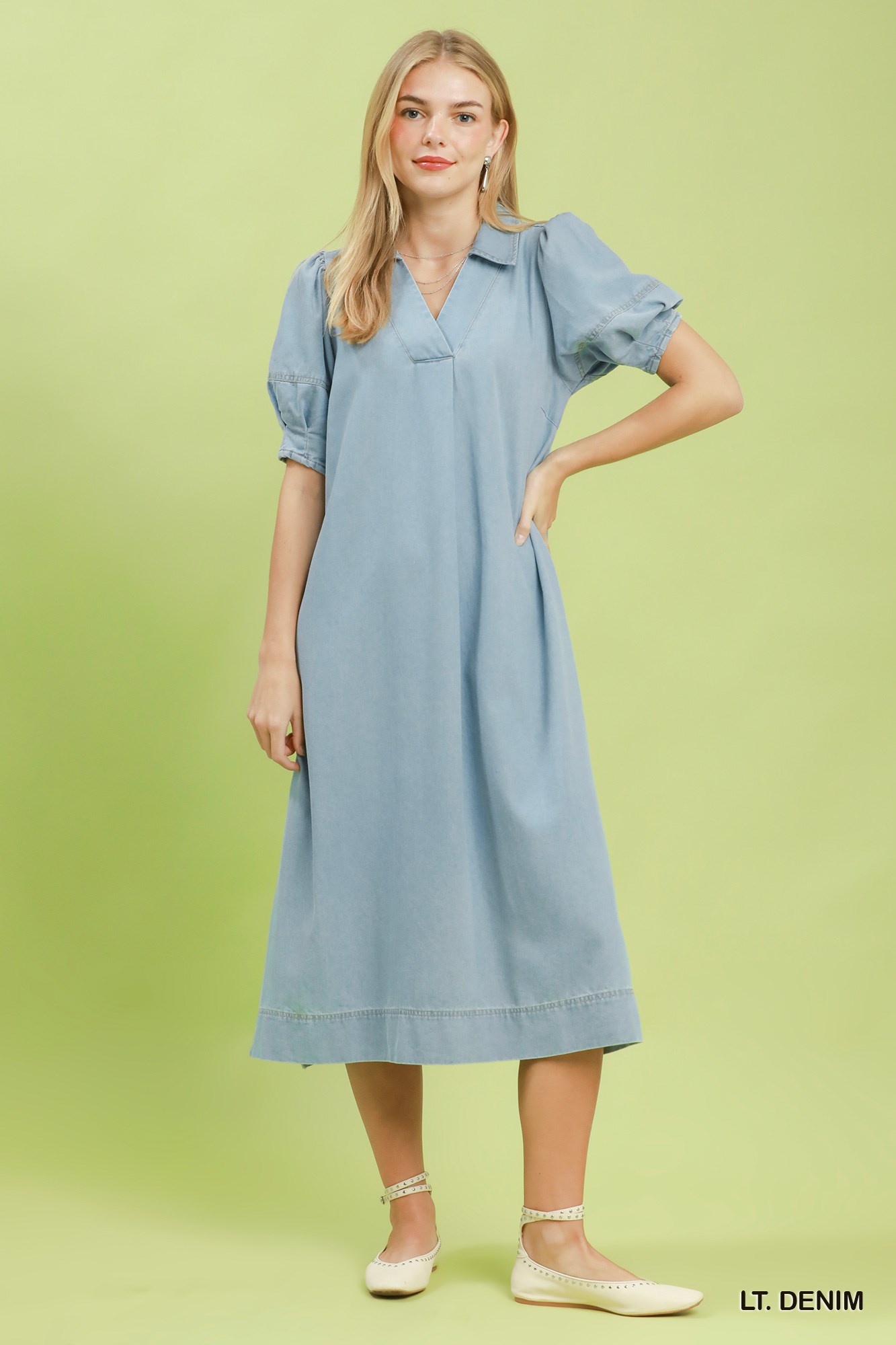 Chambray Collared Puff Sleeve Dress, image 4