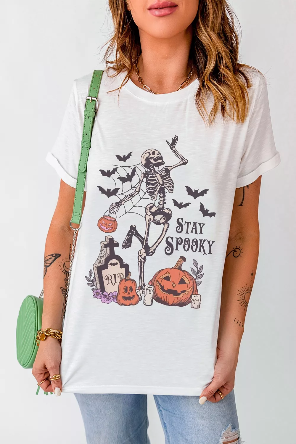 Full Size Skull Pumpkin Face STAY SPOOKY Graphic Halloween T Shirt Plus Size, image 4