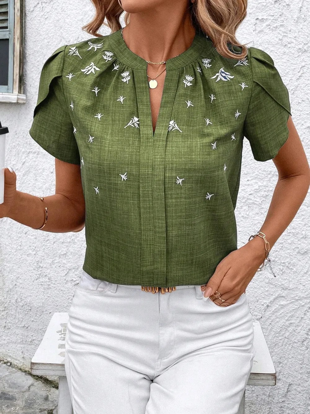 Floral Notched Short Sleeve Blouse, image 20