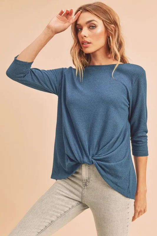Twist Front Round Neck 3/4 Sleeve T-Shirt