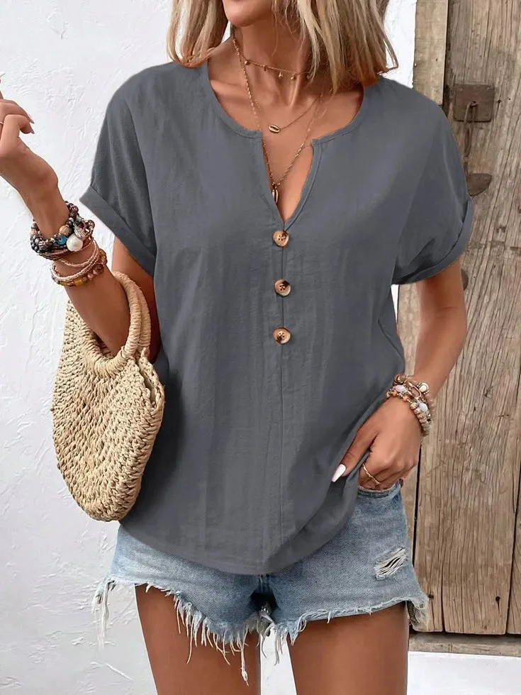 Full Size Notched Short Sleeve Top Plus Size, image 14