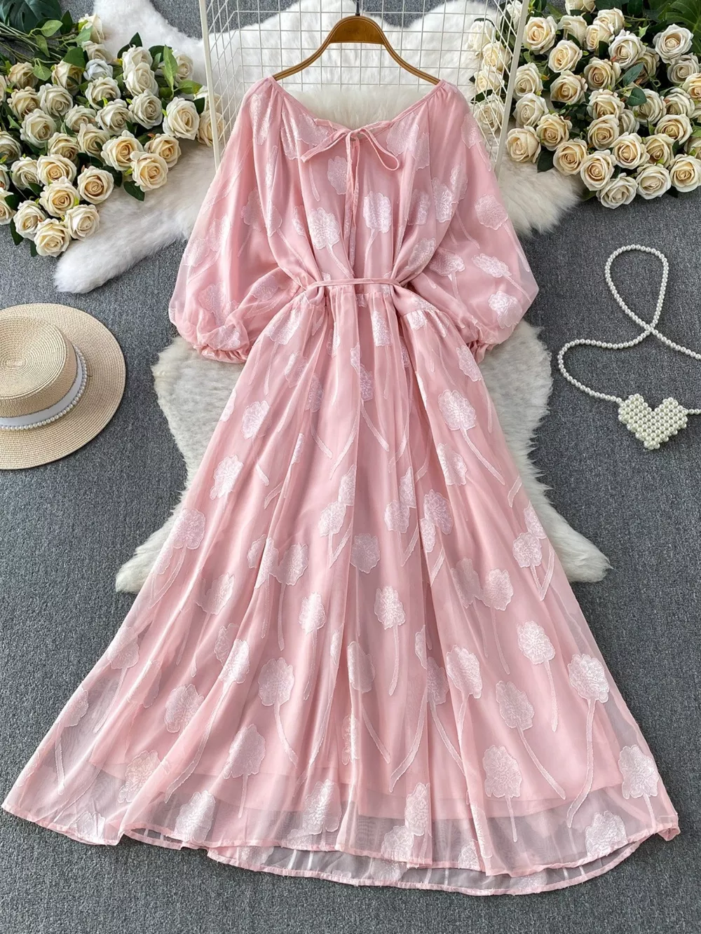 Button Front Puff Sleeve Chiffon Dress, image 4