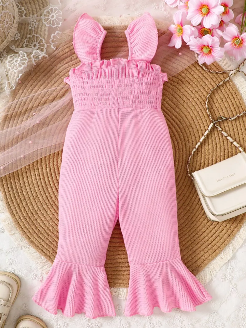 Children's Floral Decor Smocked Ruffle Hem Jumpsuit, image 12