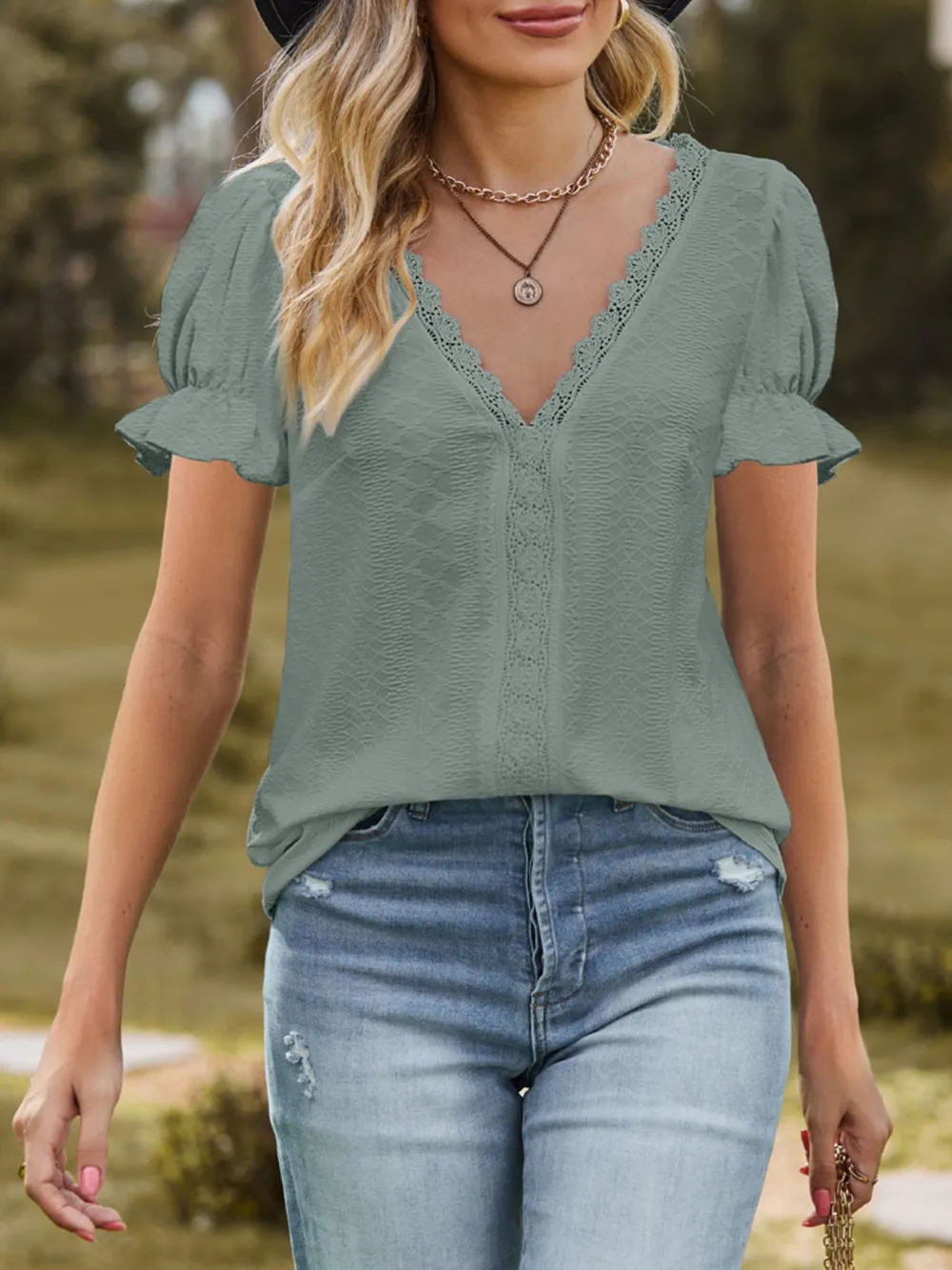 Lace Trim V-Neck Puff Sleeve Blouse, image 15