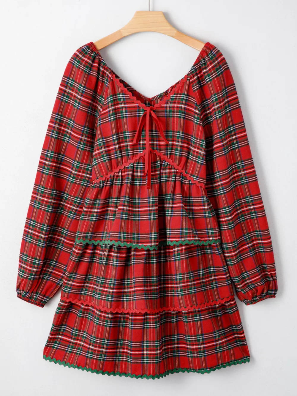 Plaid Print Ricrac Tiered Bubble Sleeve Mini Dress, image 9