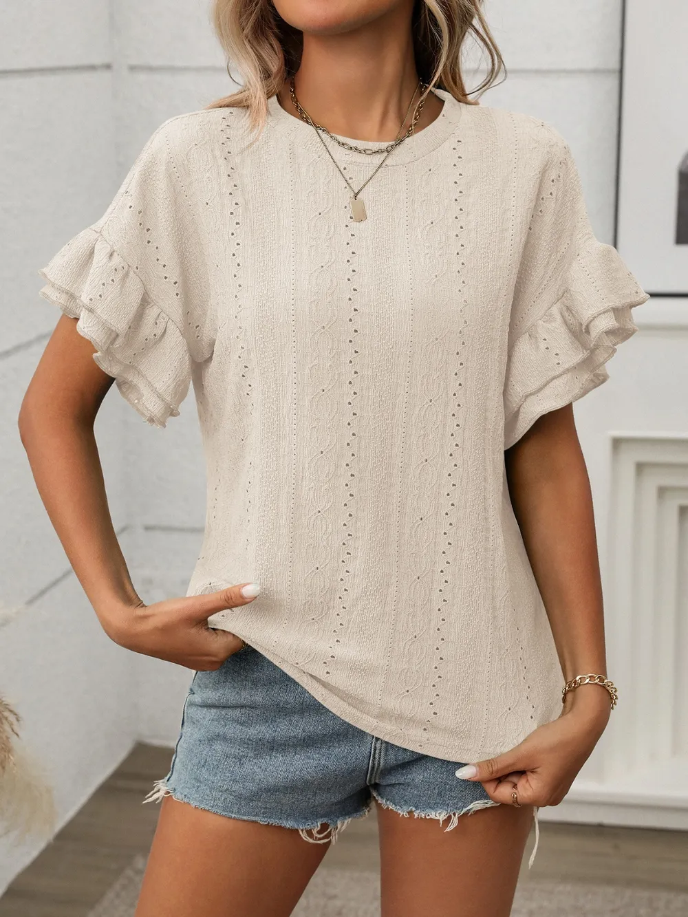 Eyelet Round Neck Flounce Sleeve Top, image 19