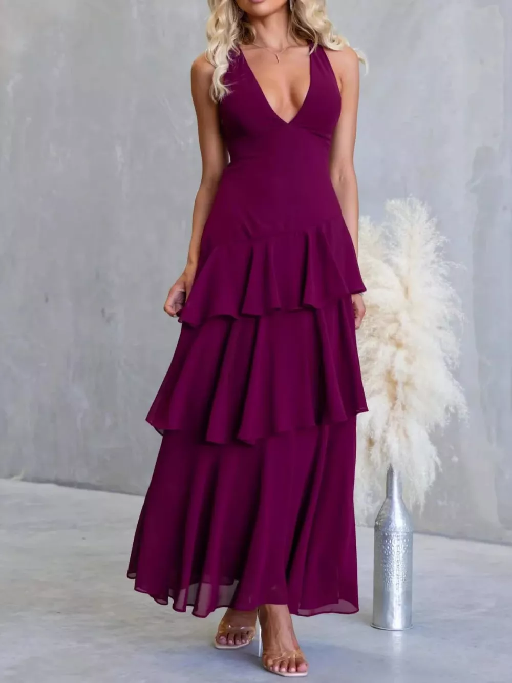 Sleeveless Ruffled Layered Backless Maxi Dress, image 10