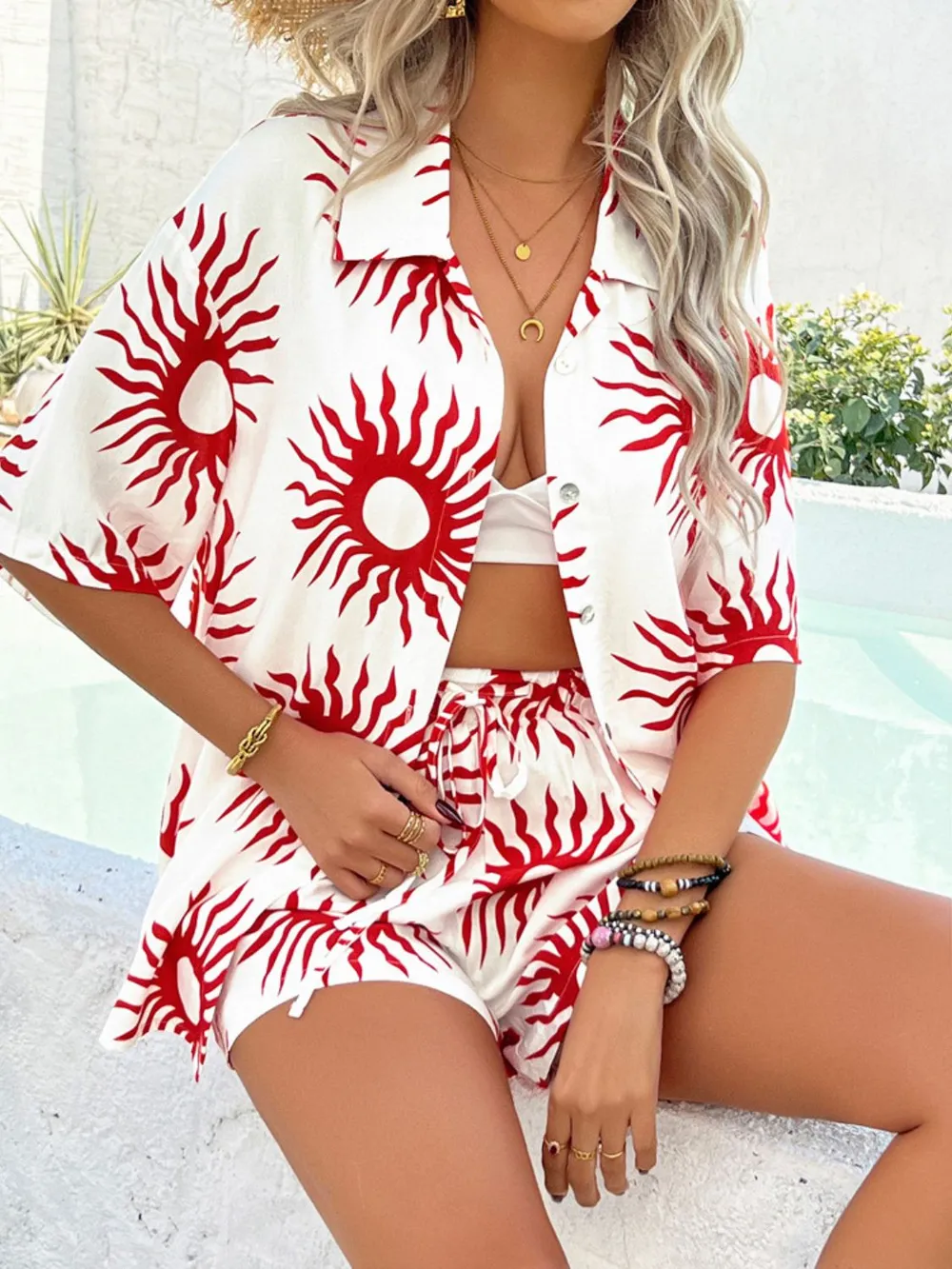 Printed Collared Neck Half Sleeve Top and Shorts Set, image 10
