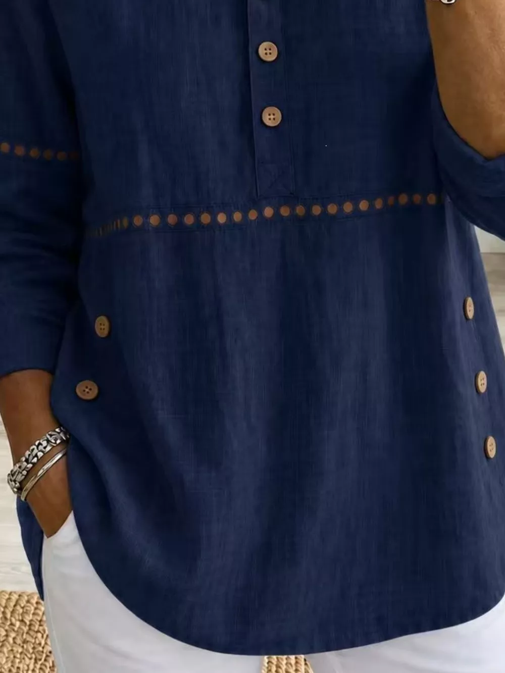 Full Size Button Detail Eyelet Long Sleeve Blouse Plus Size, image 10