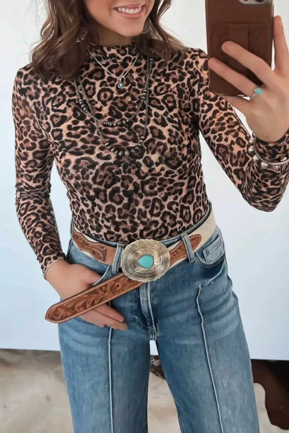 Leopard High Neck Long Sleeve Western Slim Top, image 3