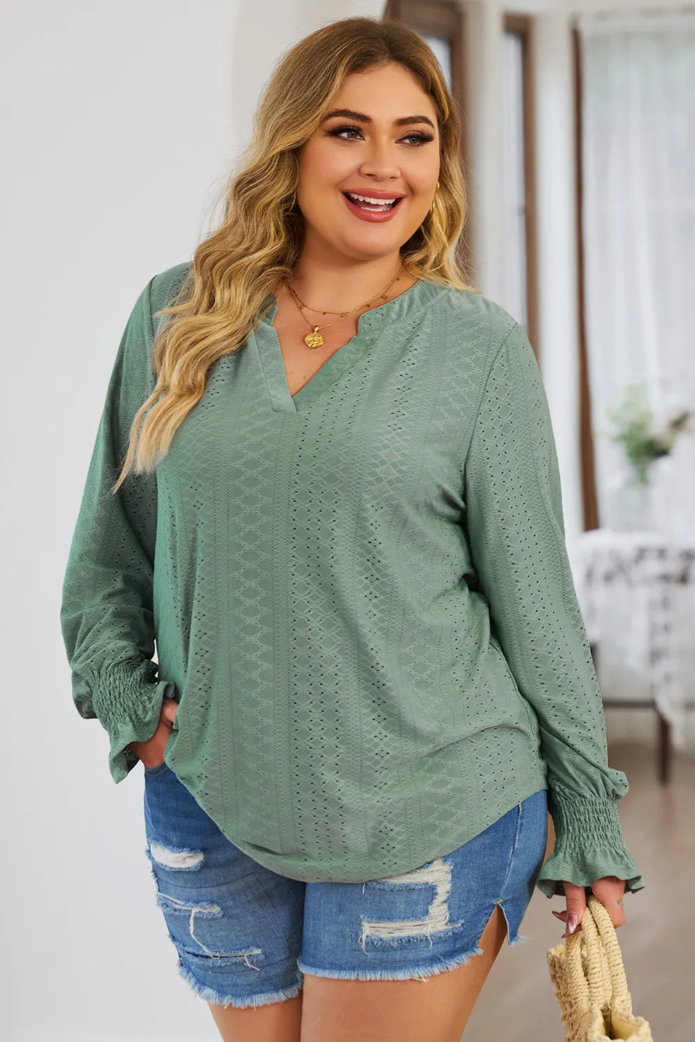 Plus Size Eyelet Notched Flounce Sleeve Blouse, image 5
