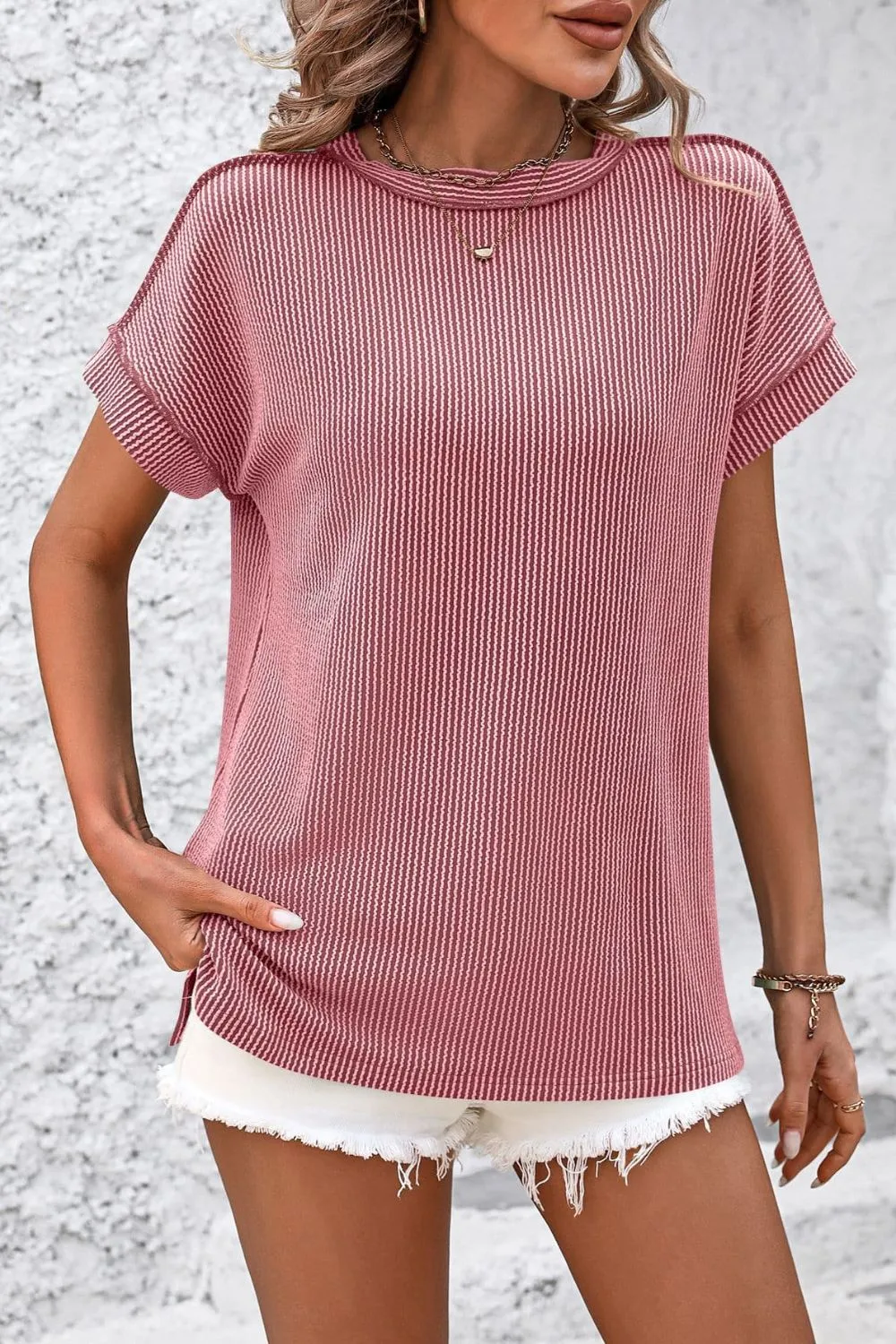 Striped Round Neck Short Sleeve T-Shirt, image 17