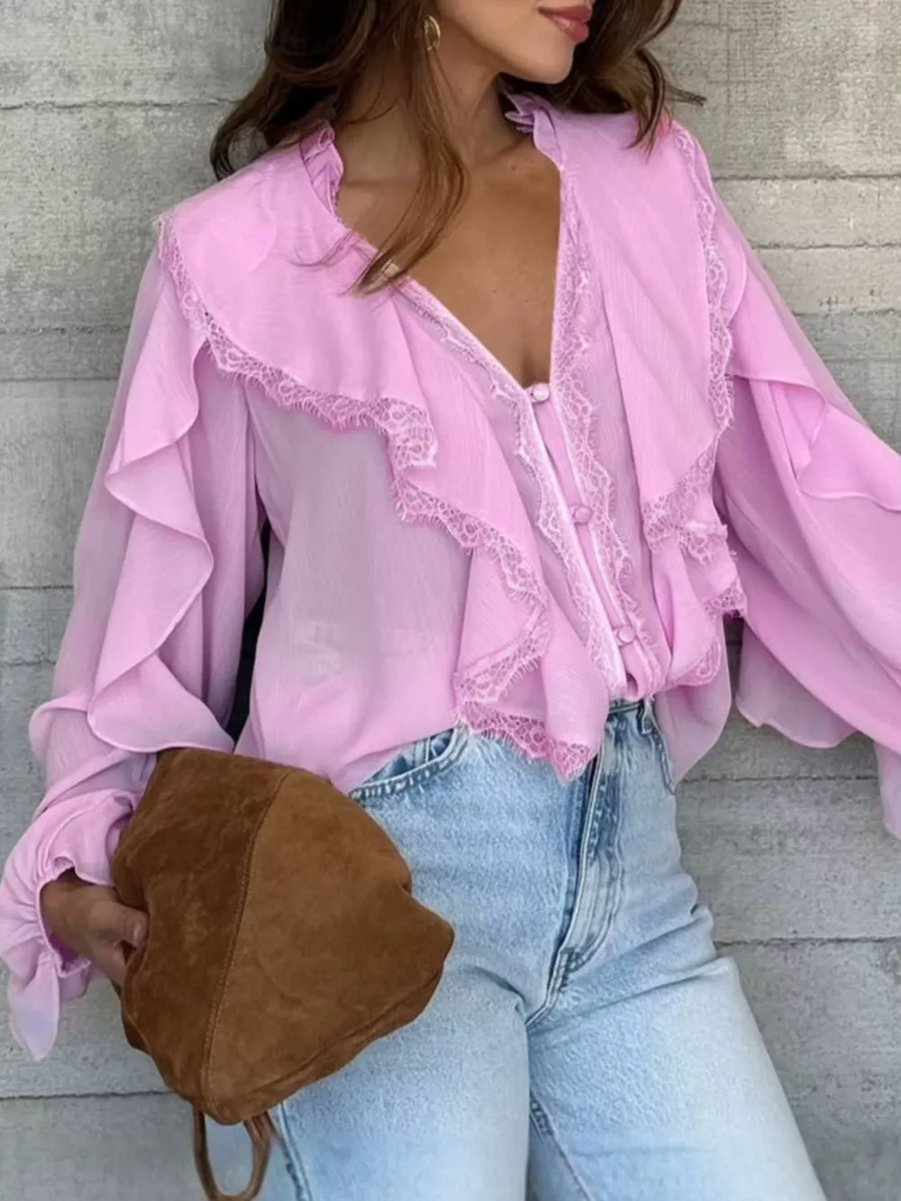 V-Neck Ruffled Lace Trim Blouse, image 12