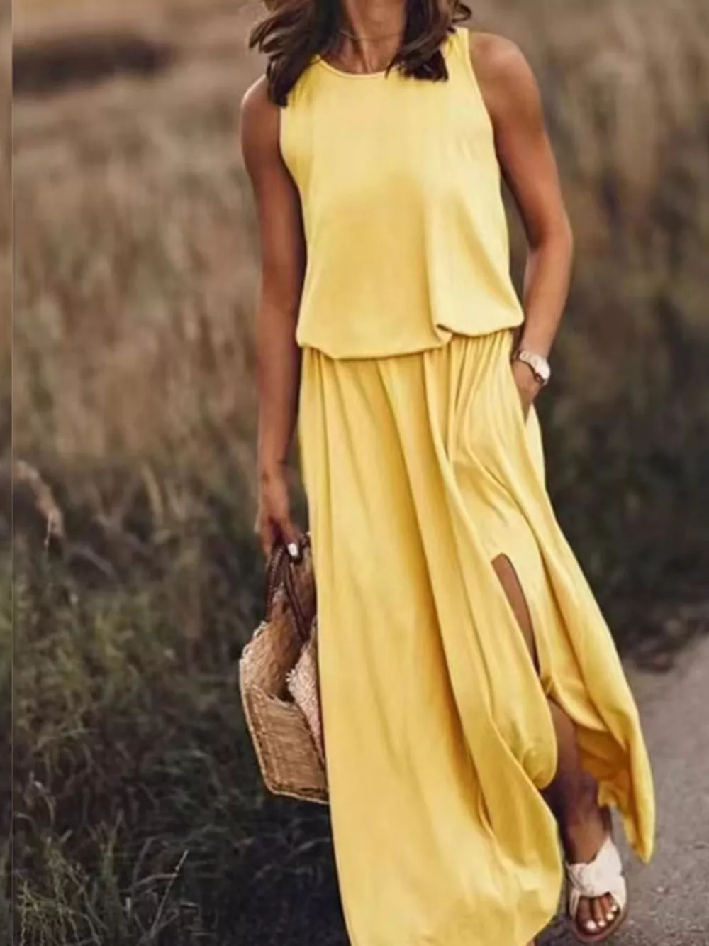 Full Size Round Neck Sleeveless Slit Maxi Dress Plus Size, image 18
