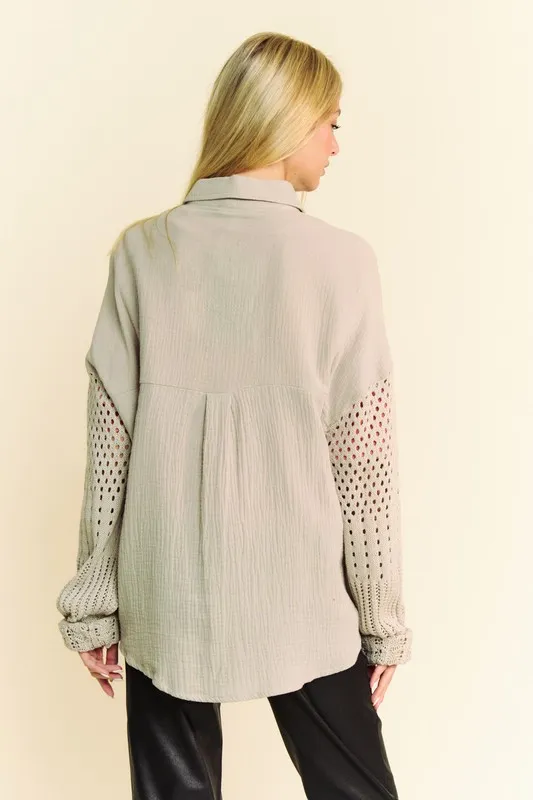 Crochet Sleeve Crinkled Texture Shirt, image 2