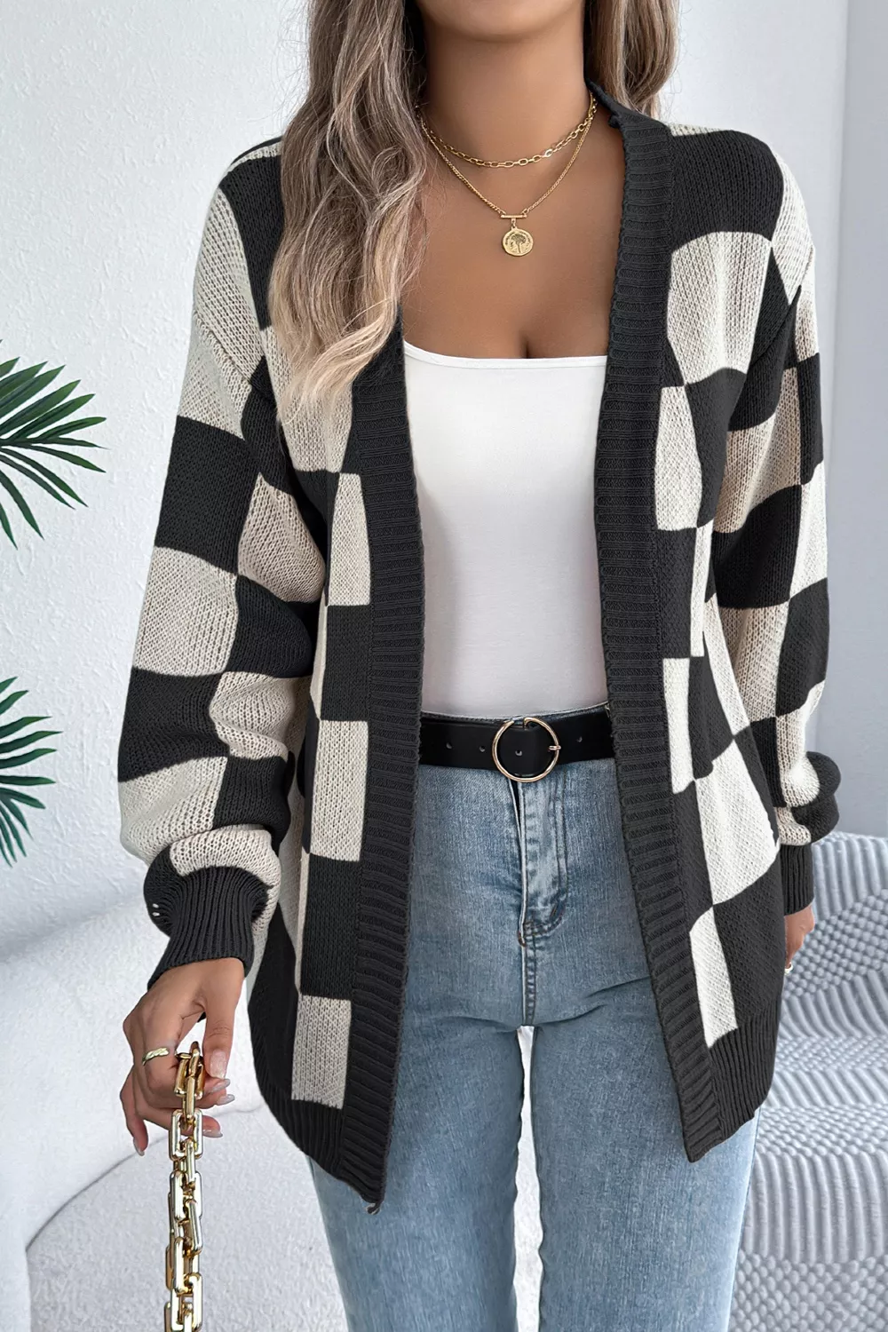 Checkerboard Pattern Open Front Knit Cardigan