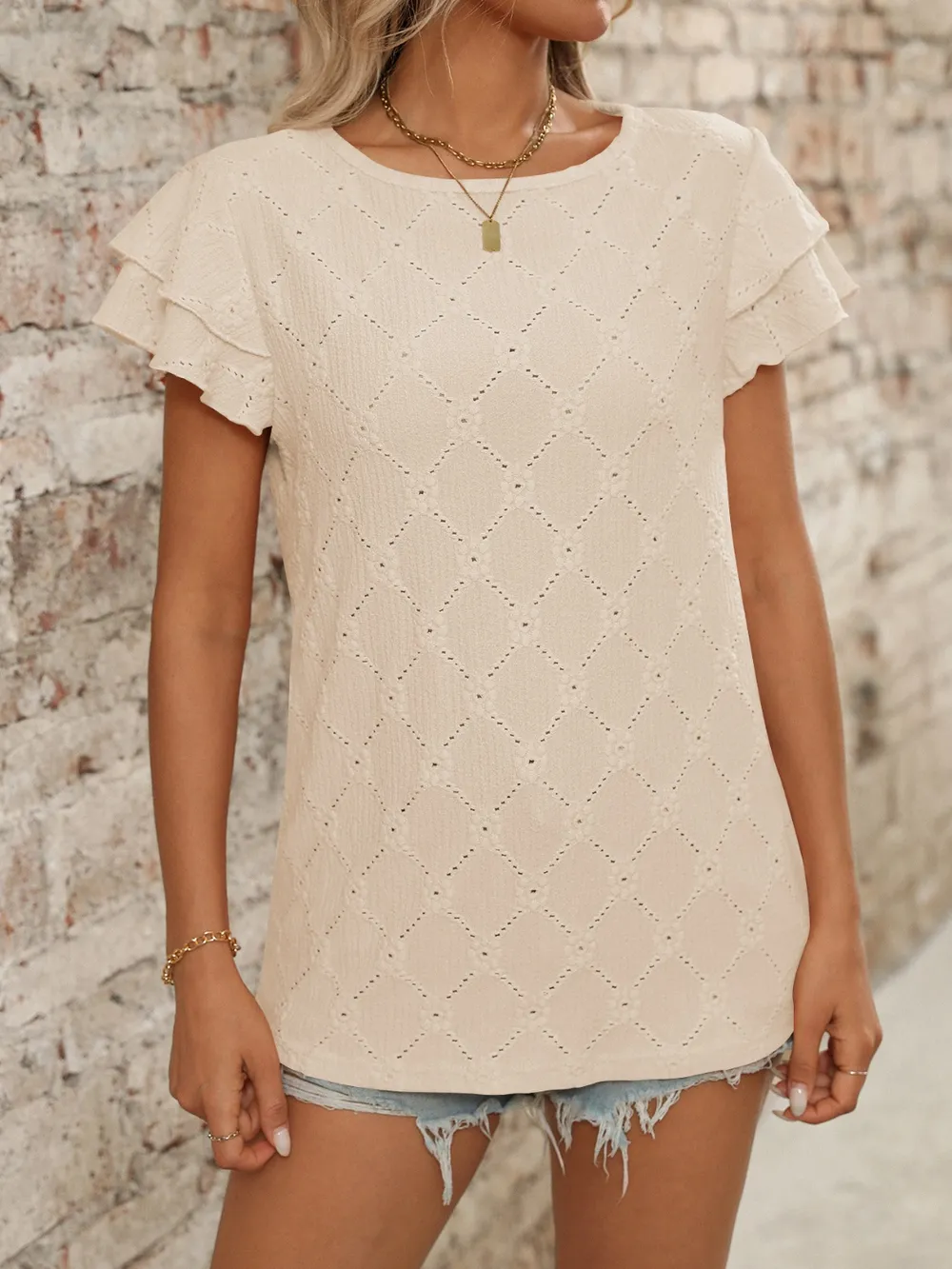 Eyelet Round Neck Double Layered Ruffled Short Sleeve Top, image 22
