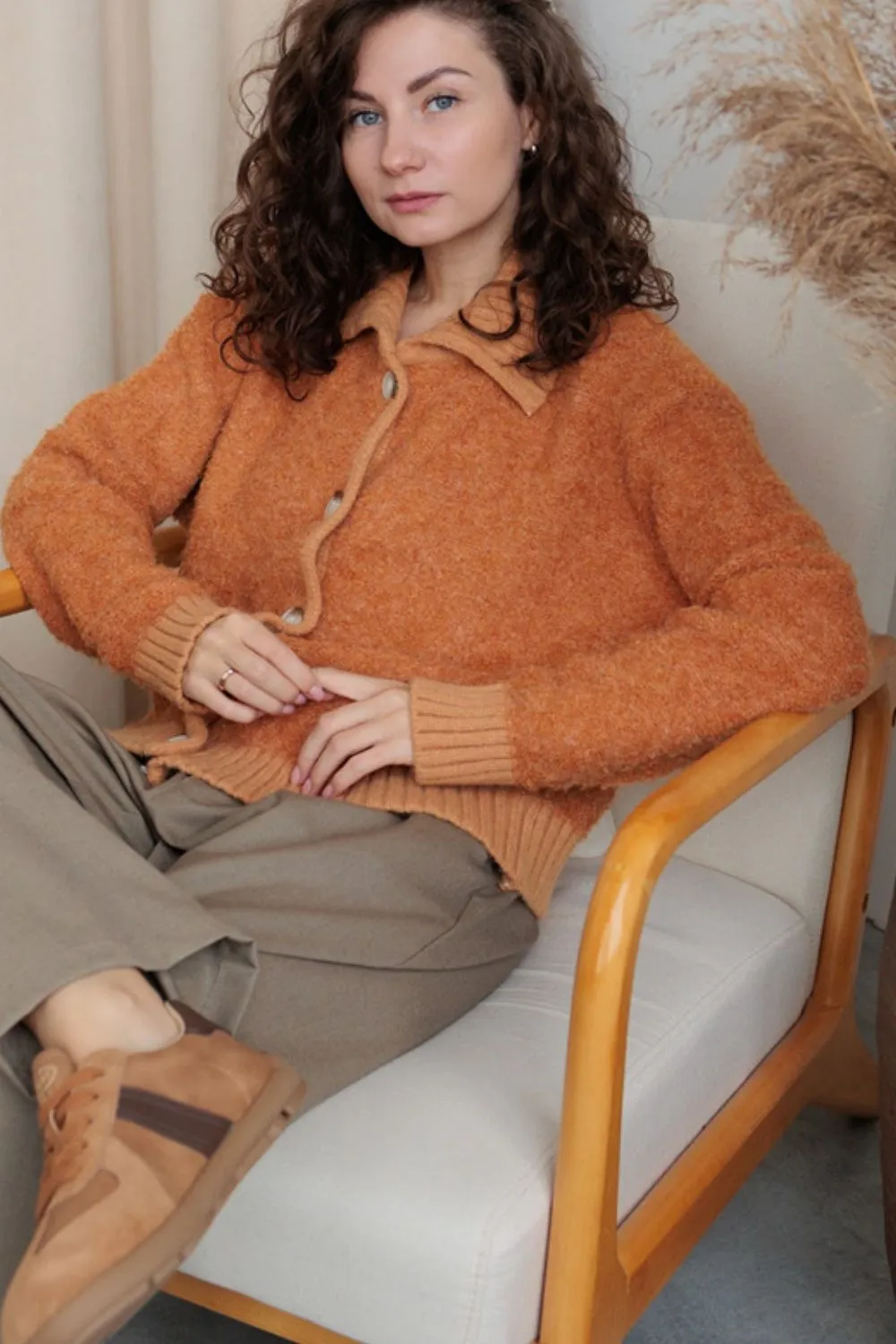 Collared Neck Button Down Long Sleeve Cardigan, image 5