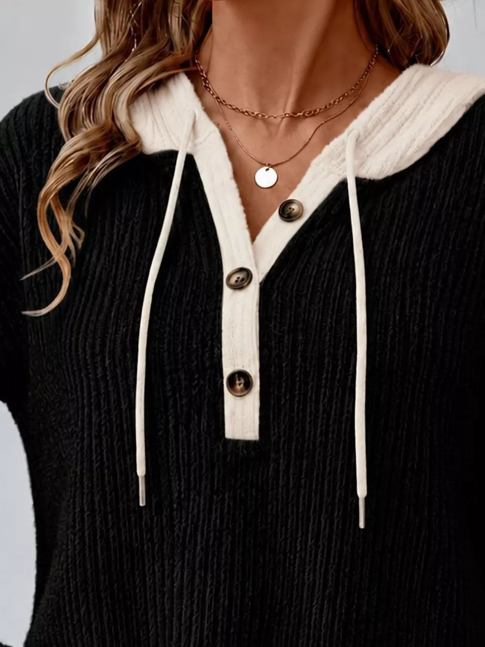 Full Size Drawstring Button Detail Hooded Sweater Plus Size, image 17