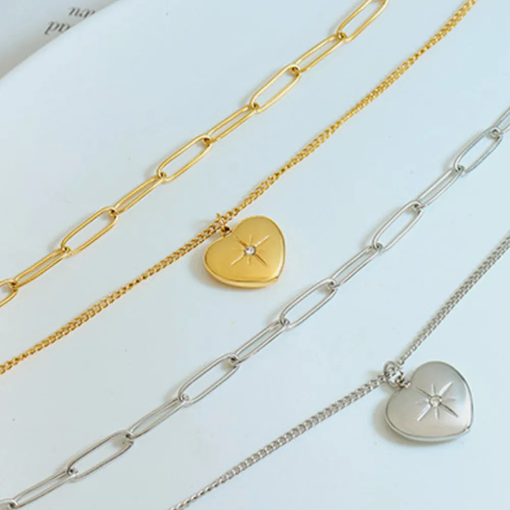 Inlaid Zircon Double Layered Heart Pendant Necklace, image 6