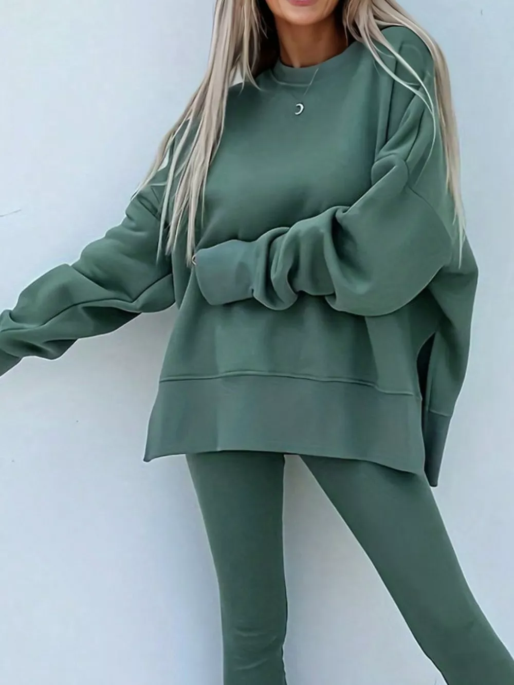 Solid Color Oversize Slit Sweatshirt and Ribbed Leggings 2pcs Set, image 4