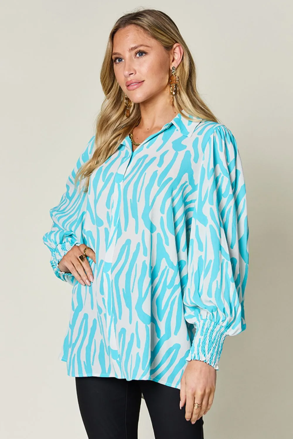 Full Size Printed Smocked Long Sleeve Blouse Plus Size, image 16
