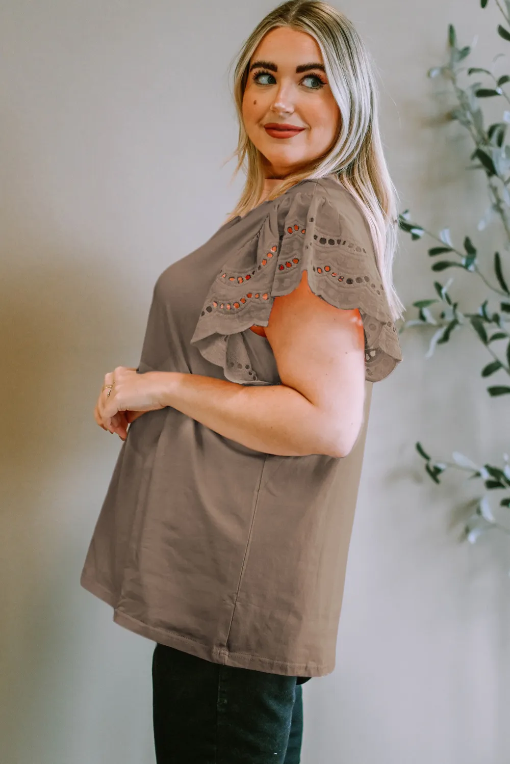 Plus Size Eyelet Round Neck Short Sleeve Blouse, image 10
