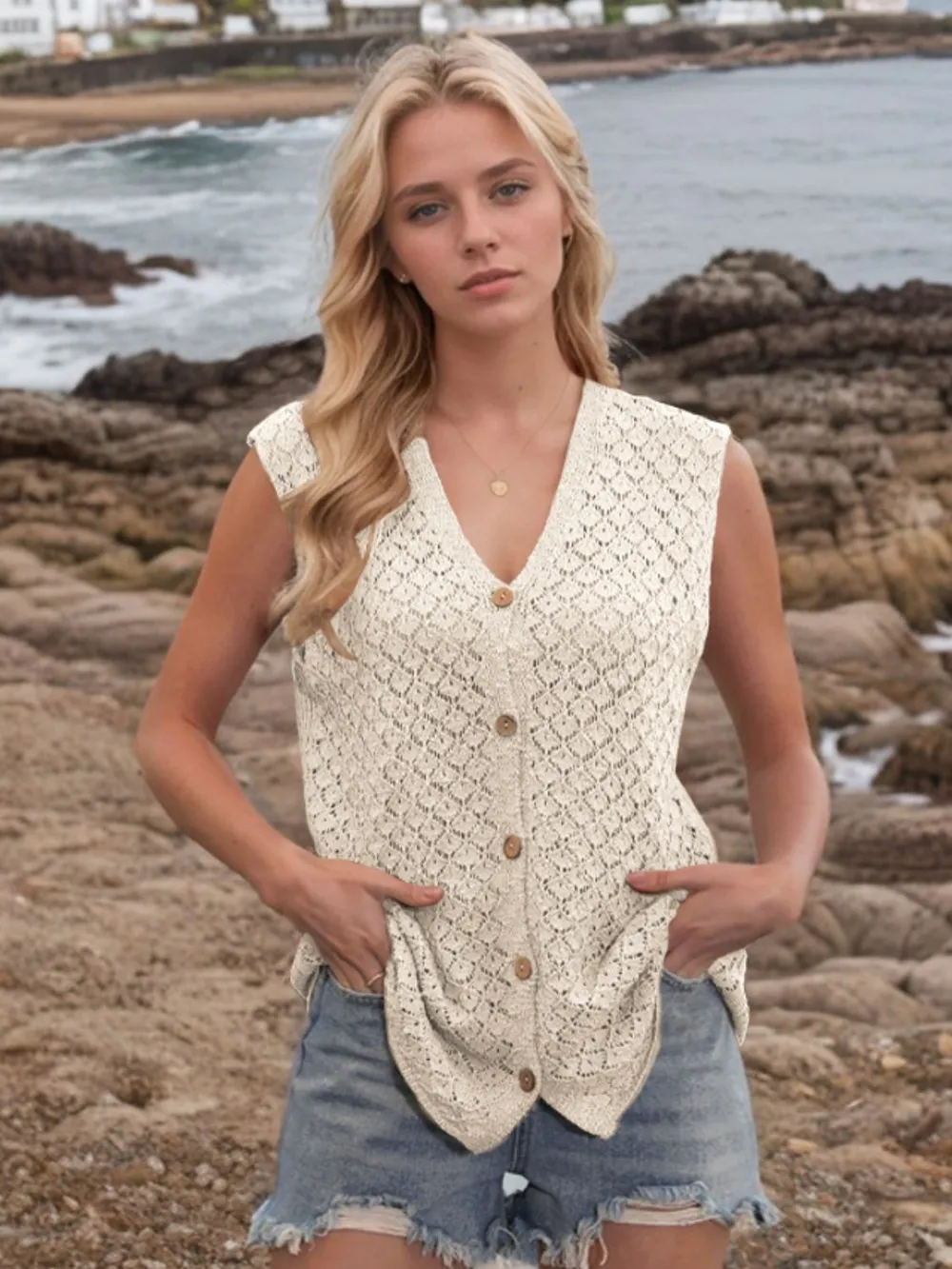 Button Down Eyelet V-Neck Sweater Vest, image 2