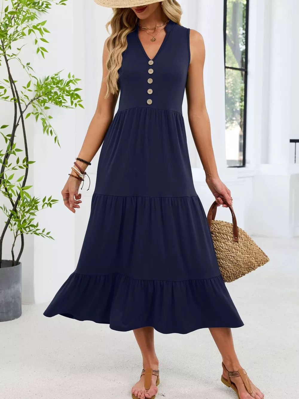 Sleeveless Notched Tiered Midi Dress, image 19