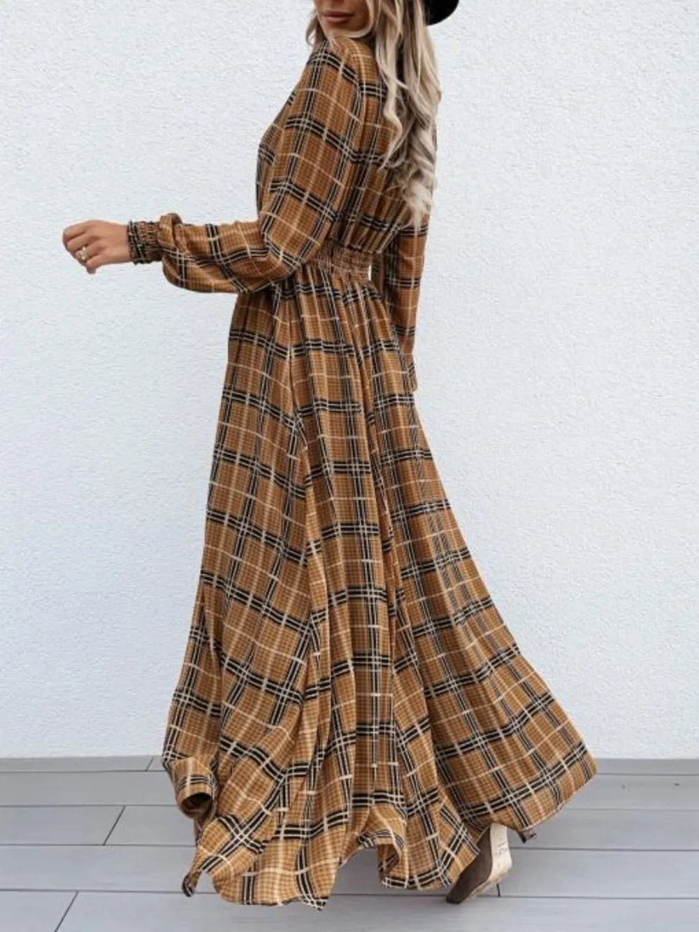 Slit Plaid Tie Neck Long Sleeve Maxi Dress, image 3