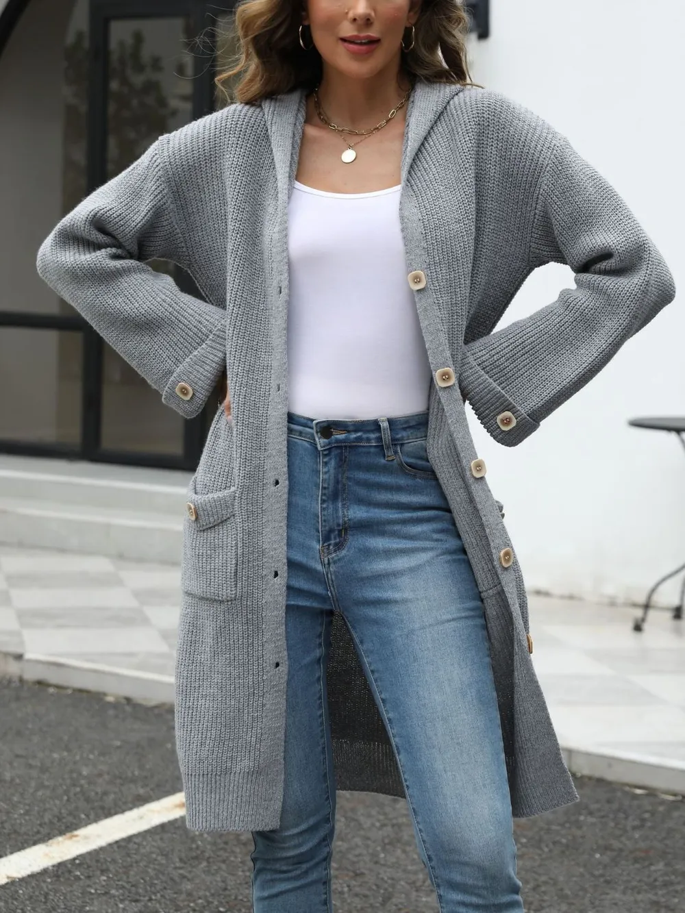 Pocketed Button Up Long Sleeve Hooded Cardigan, image 10