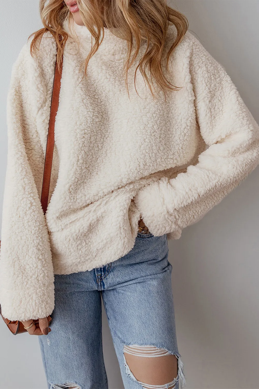 Turtleneck Long Sleeve Slit Fleece Sweatshirt, image 7