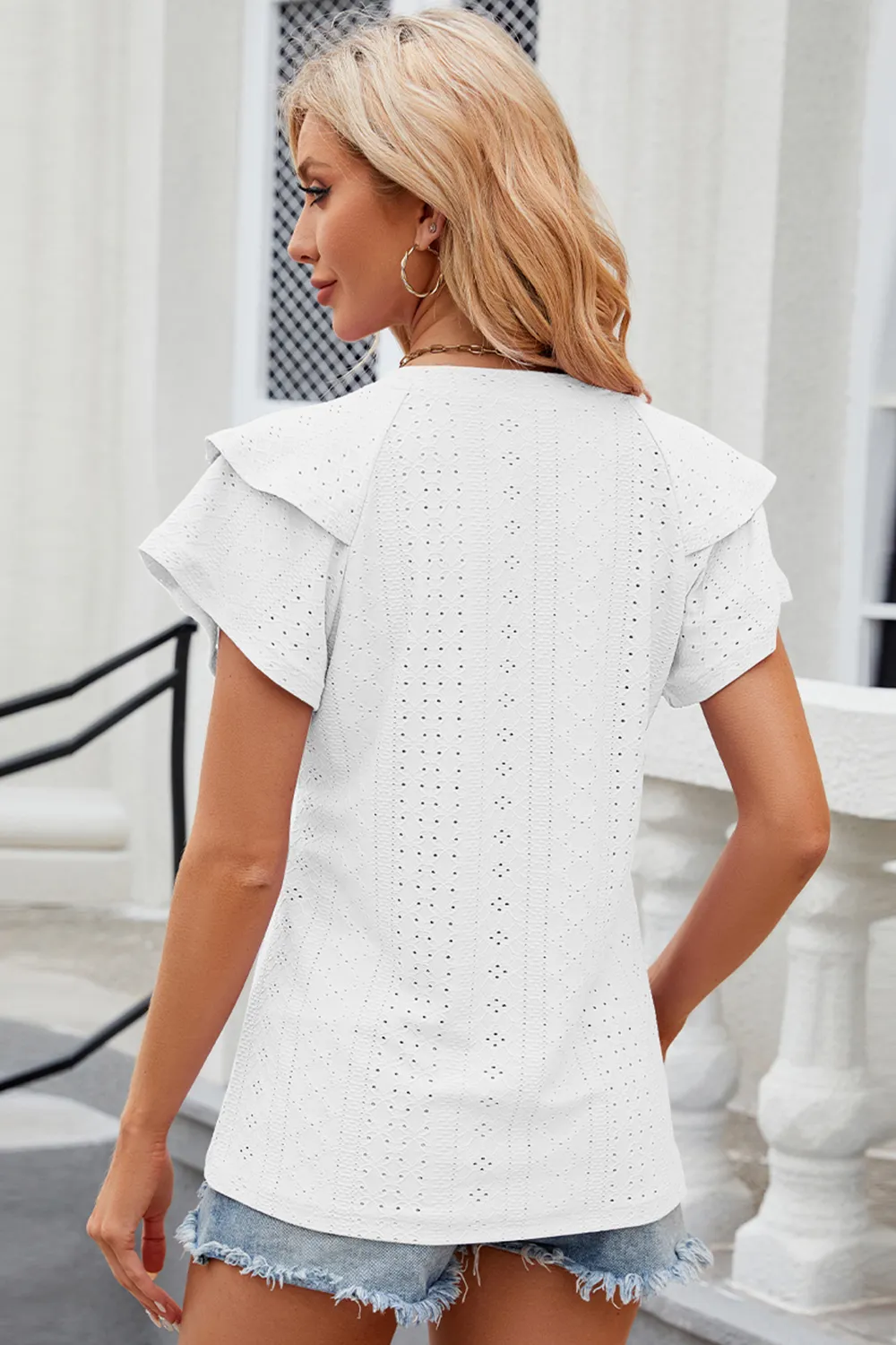 Eyelet Notched Flutter Sleeve T-Shirt, image 29