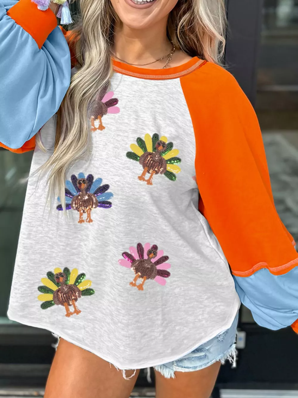 Thanksgiving Turkey Sequin Color Block Raglan Sleeve Top, image 2