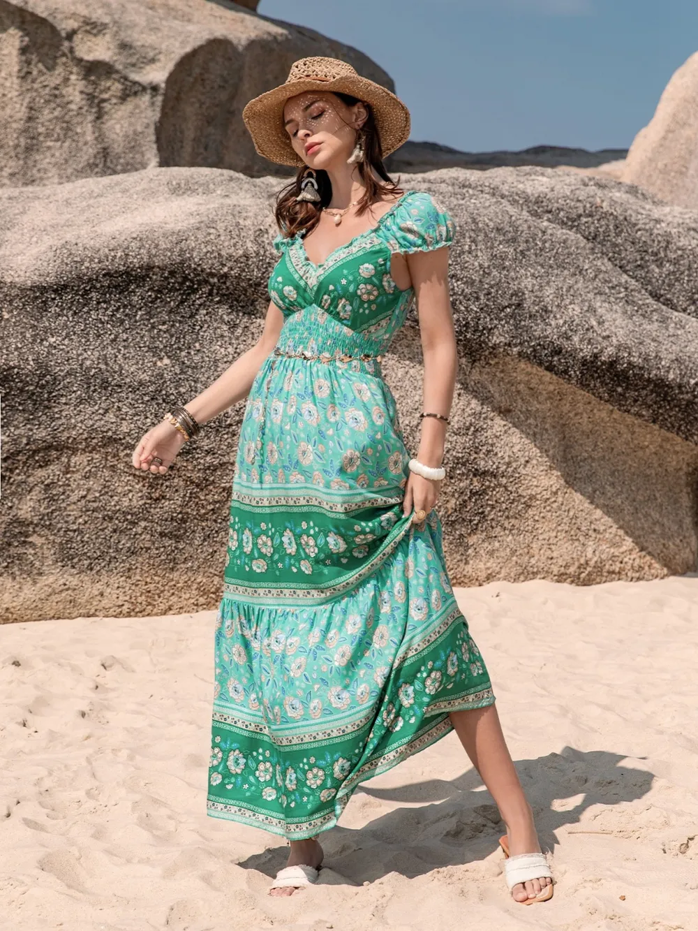 Smocked Printed V-Neck Dress, image 3