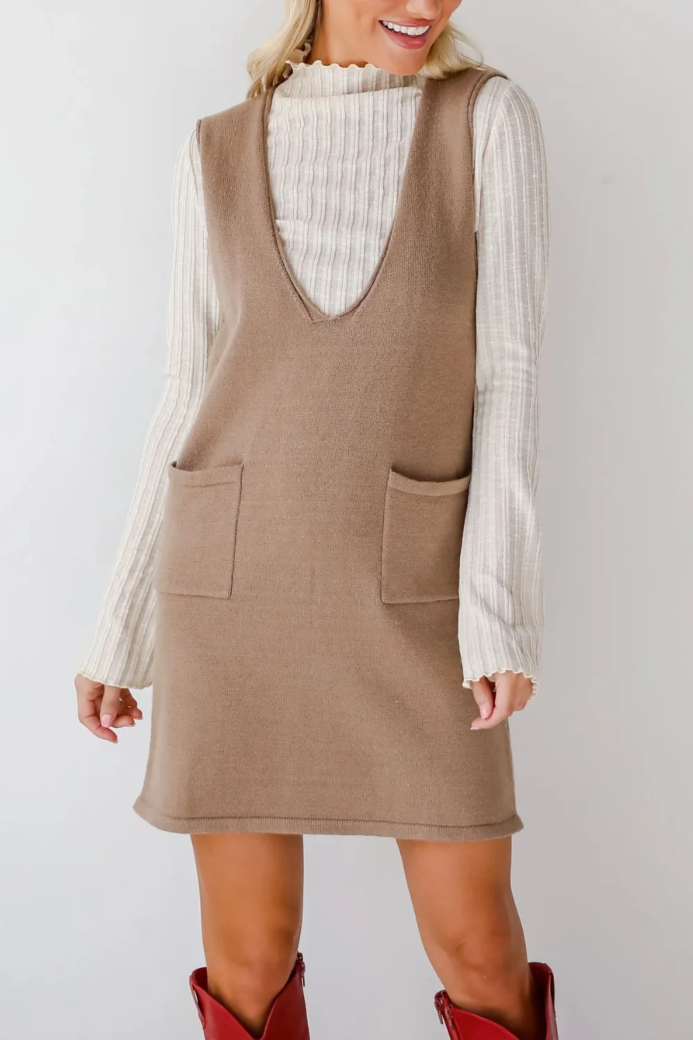 Pocketed V-Neck Mini Sweater Overall Dress, image 3