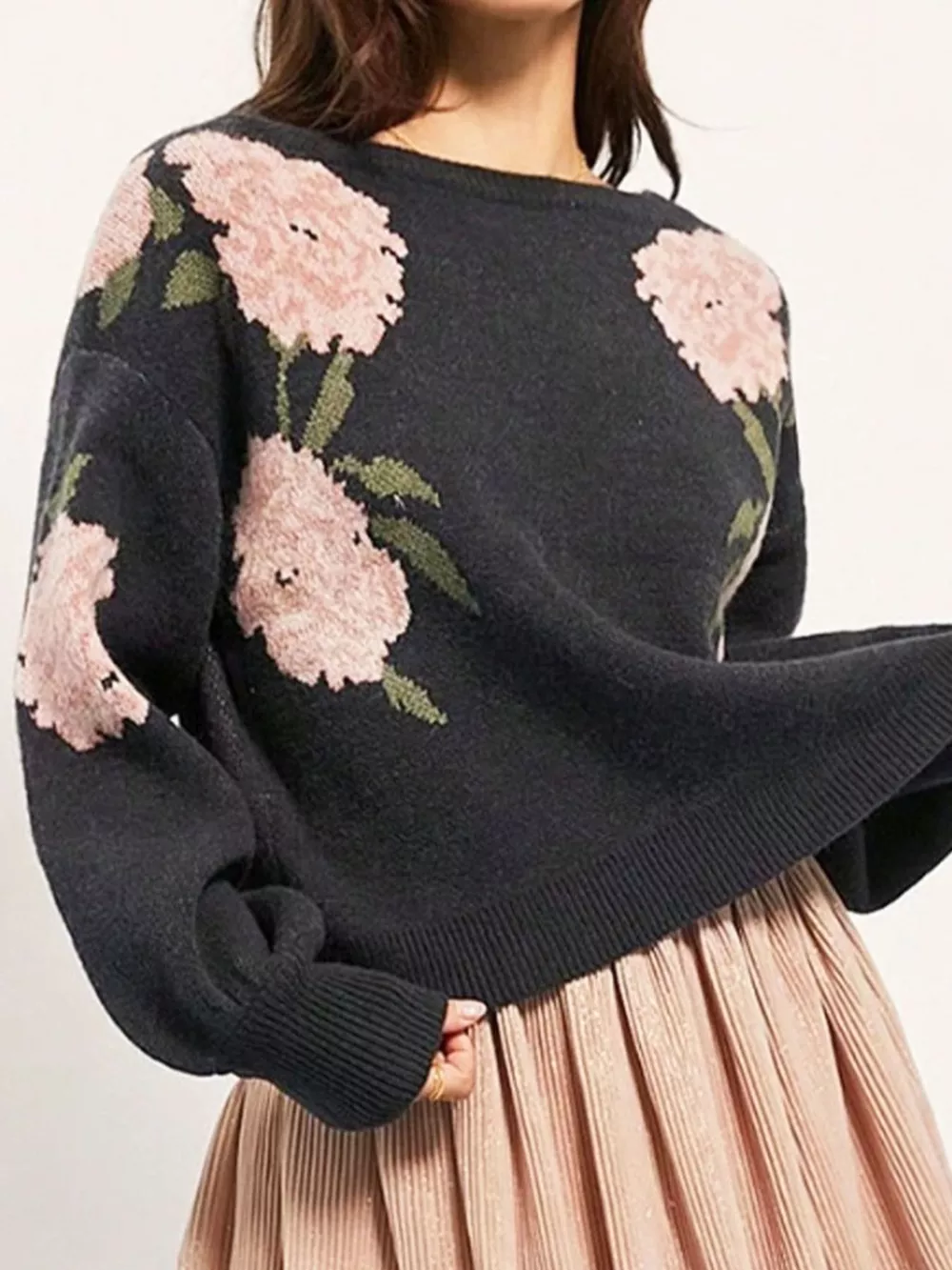 Floral Pattern Dropped Shoulder Sweater, image 2