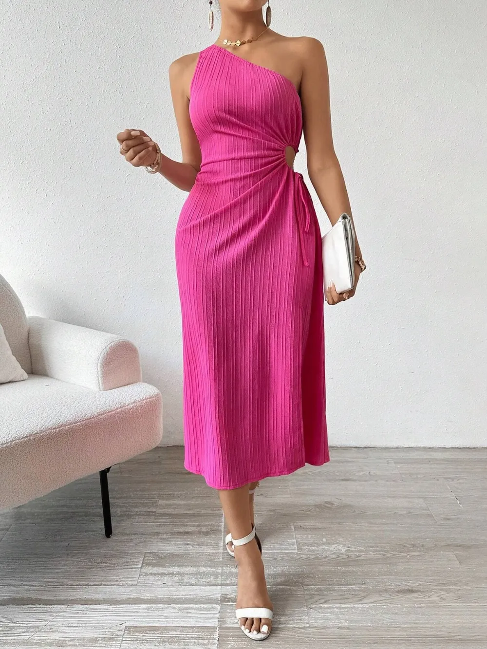 Side Slit Cutout Single Shoulder Dress, image 5
