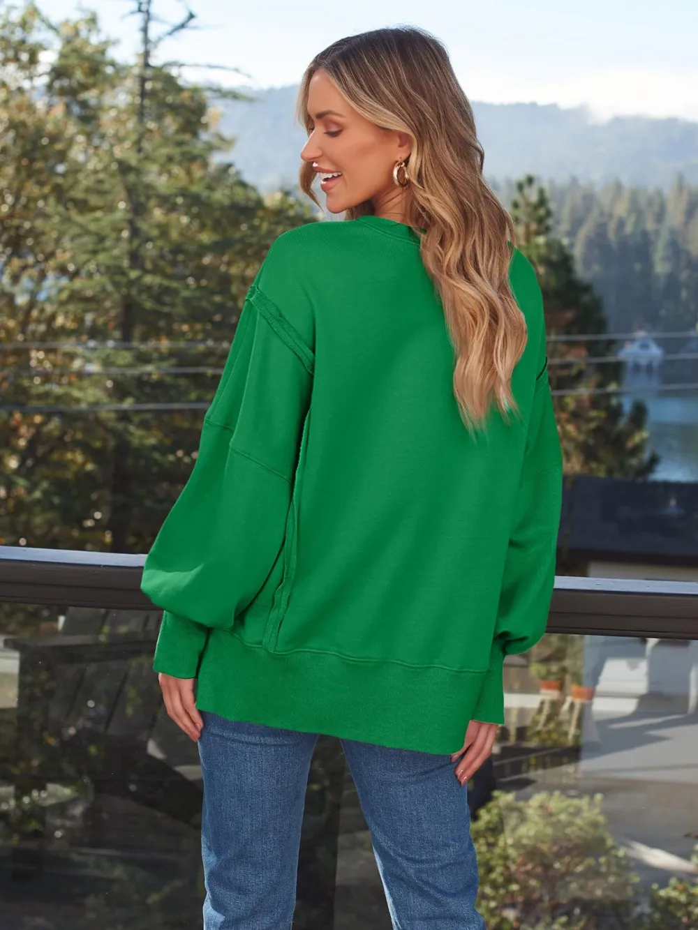 Slit Round Neck Long Sleeve Sweatshirt, image 4