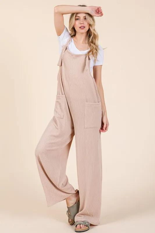 Knot Straps Wide Leg Ribbed Overalls with Pockets, image 5