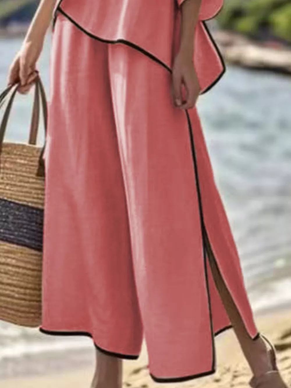 Full Size Contrast Trim Top and Wide Leg Pants Set Plus Size, image 18