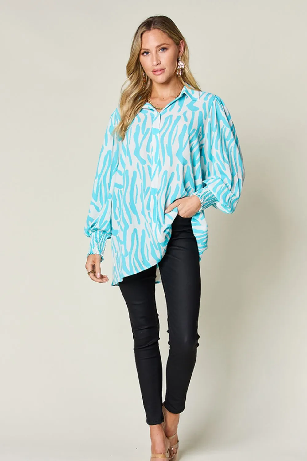 Full Size Printed Smocked Long Sleeve Blouse Plus Size, image 19