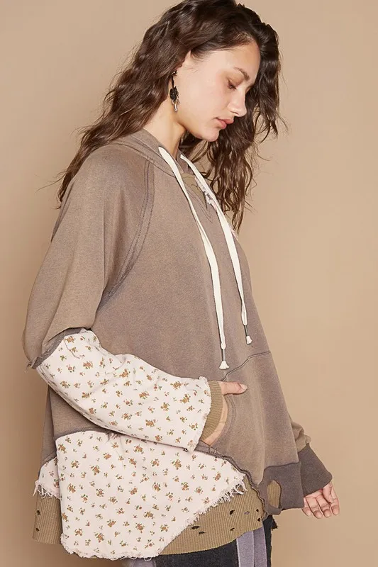 Floral Patchwork Distressed Drawstring Hoodie, image 3