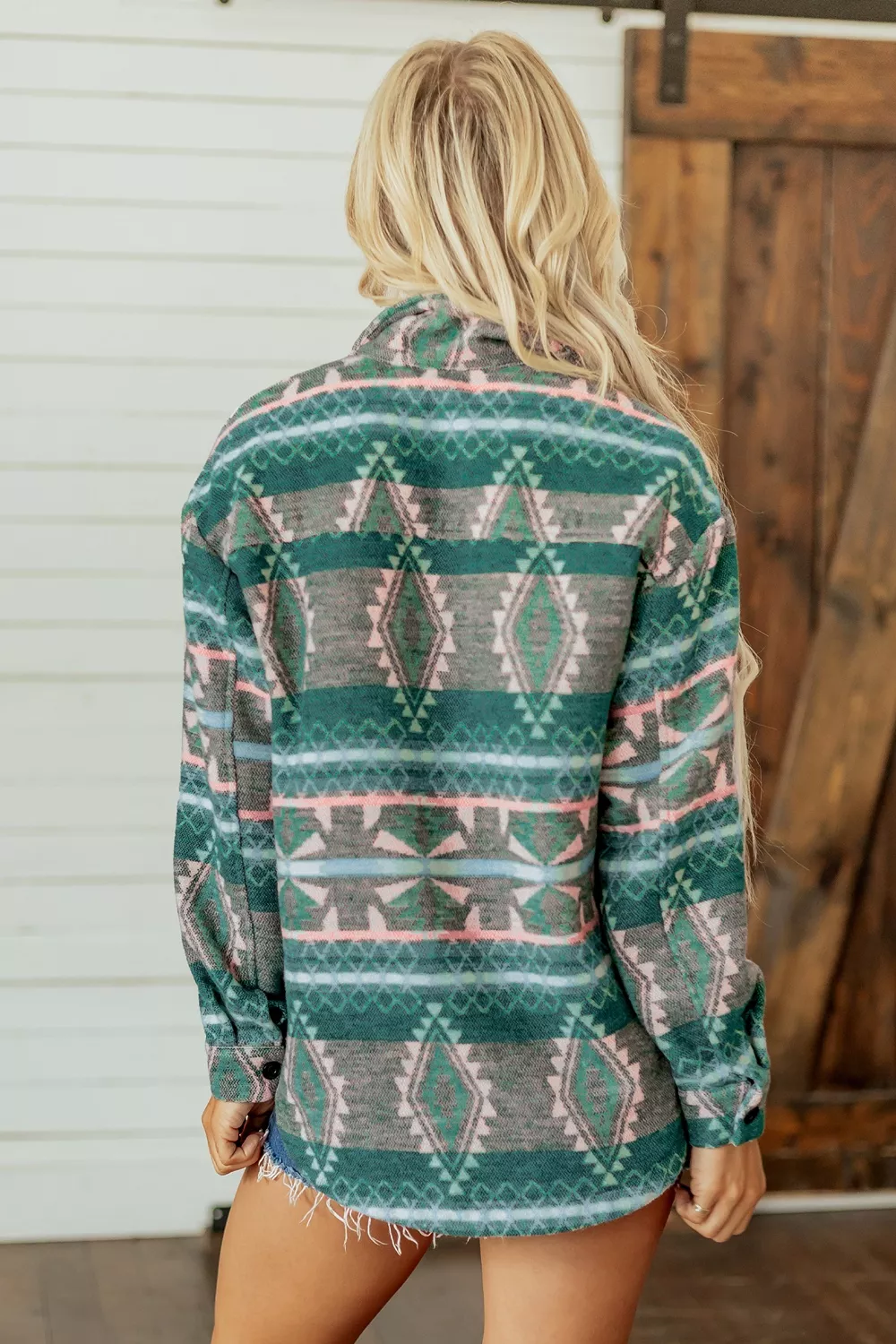Geometric Print Button Front Long Sleeve Shacket, image 7