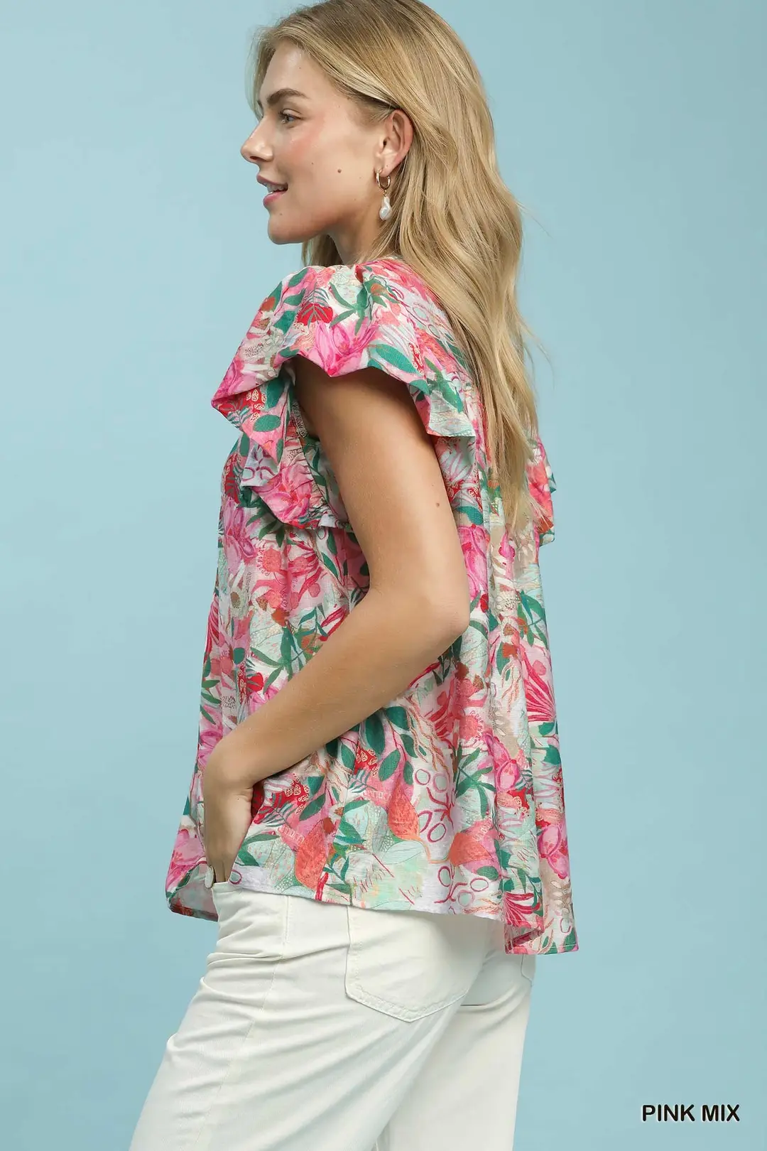 Mix Tropical Print Blouse with Ruffle Cap Sleeves, image 2