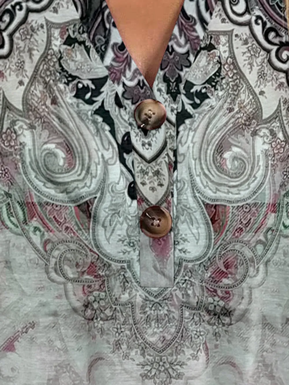 Full Size Printed Notched Short Sleeve Blouse, image 23