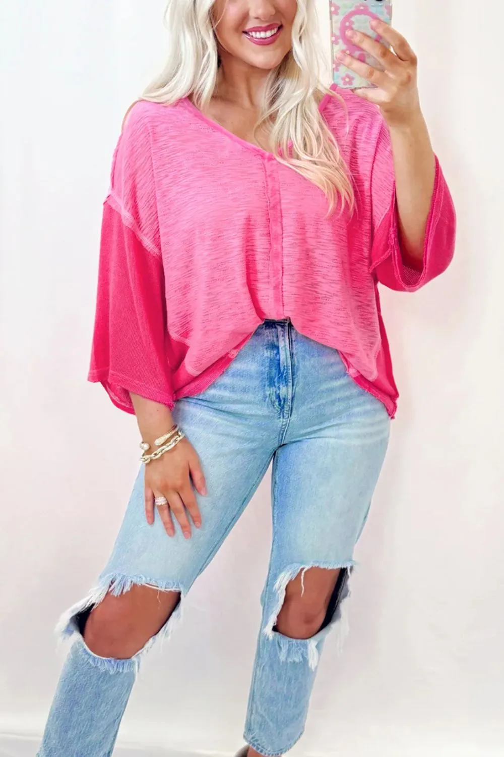 Exposed Seam V-Neck Three-Quarter Sleeve Blouse, image 8